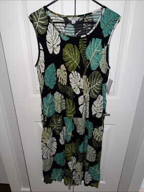 Sleeveless Tropical Leaf Midi Dress - Black with Teal & Olive Leaves